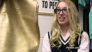 so, this short geeky blonde gets fucked by a mall cop right after a strip search in the office, clothes ripped and all!