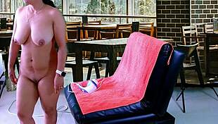 Voyeur watches big natural tits in public pussy blowjob and assfucking with ball kicking