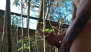 Feeling thrill of cumming in public backyard, skinny nerd enjoys outdoor fetish