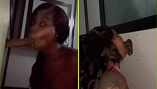 Strangers Getting Sloppy Deepthroat at Gloryhole With Wet Ebony Action
