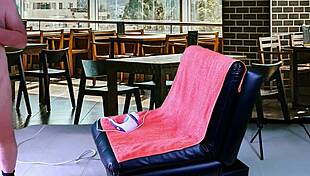 Voyeur watches big natural tits in public pussy blowjob and assfucking with ball kicking