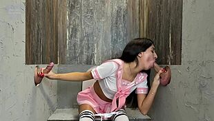 slut gave herself through gloryhole to two big-dicked strangers and got cumshots in her mouth and pussy 😈