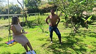 the mature boss with big tits fucks her muscular worker right after he gets out of the pool naked.