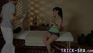 busty brunette rides the masseur hard deepthroating his cock before a massive cumshot