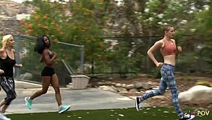 Man, four sweaty girls start lesbian masturbation after exercising in the living room!