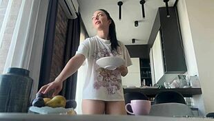 Sexy Fit Brunette Cleans House With No Panties