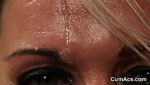 horny beauty swallows cumshot all over her face