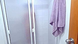 I masturbate watching my stepsister shower. She discovers me and gets hot with my cock.