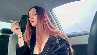 Italian milf Artemisia Love smoking cigarette in car flashing nipple
