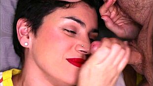 cum dripping down her smiling face after pov action