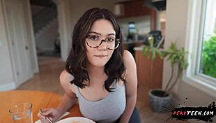 cute busty teen with glasses plays with food then deepthroats 😋