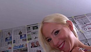 platinum blonde babe rides hard on a massive shaft