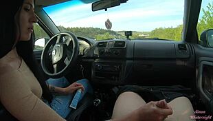 Public Roadside Car Handjob by Brunette Girl Next Door in Forest Setting with POV View.