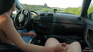 Public Roadside Car Handjob by Brunette Girl Next Door in Forest Setting with POV View.