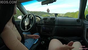 Public Roadside Car Handjob by Brunette Girl Next Door in Forest Setting with POV View.