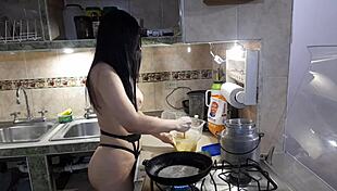 Estefani Strips Naked to Make Delicious Pancakes in Lingerie with Shaved Look