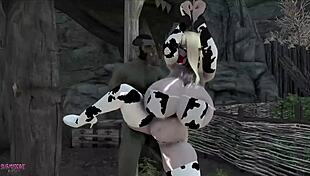 Fat elf chick with big tits rides orc in bondage