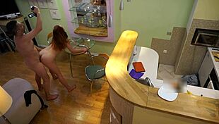 Young redhead bitch fucked by her old step dad in the kitchen - candy red.