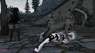 Fat elf chick with big tits rides orc in bondage