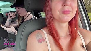 Hot girls deepthroat in car on street.