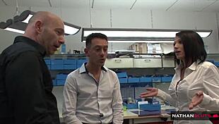 Milf's big tits and ass get roughly tagged by two hung colleagues.