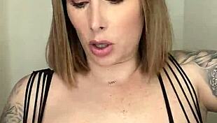 paige in fishnets takes a big black dildo and finishes with her mouth