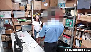 shaved teen shoplifter gets roughly fucked by creepy guard on teenrobbers.com