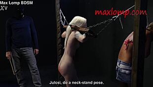 Sadistic guy canes petite blonde babe's narrow ass in BDSM