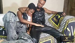 black teen gets dominated by big dick biker on sofa. she moans loud!