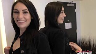 Skinny inked brunette ashley wolf rubs her pussy and tits with a big dildo.