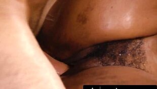in nuru massage, horny ebony masseuse gets caught and fucked by client