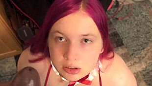 Chubby shemale pinky sucks big black cock for facial pov