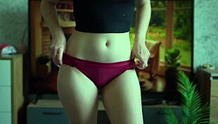 Sexy Brunette Tries on Panties and Pees Standing