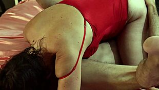 French amateur in red satin thong gets pussy fucked with dirty talk!