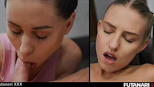 futanari jayda de angels gives marie berger a hardcore fuck and self facial