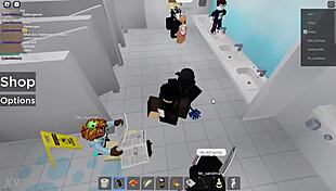 Two people explore in Roblox and a public restroom