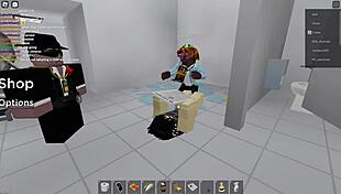 Two people explore in Roblox and a public restroom