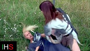 Fantastic Outdoor Threesome With Blonde Slut Licking Swollen Pussy And Fucking Anal