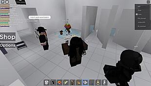 Two people explore in Roblox and a public restroom