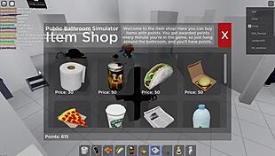 Two people explore in Roblox and a public restroom