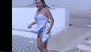 Filming my beautiful Brazilian friend as she rips clothes for lesbian striptease.