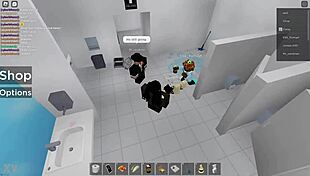 Two people explore in Roblox and a public restroom