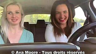 Hey, lucky guy gets sucked by two girls on the roadside!