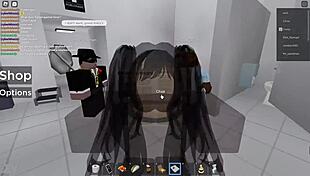 Two people explore in Roblox and a public restroom