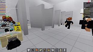 Two people explore in Roblox and a public restroom