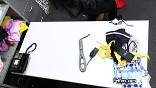 Can you believe the sexy thief deepthroats and rides cock at work?