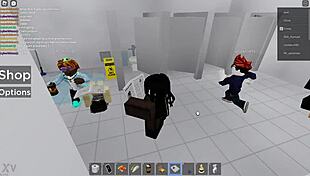 Two people explore in Roblox and a public restroom