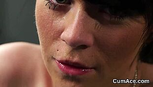 Flirty beauty swallows cum in blowbang bukkake