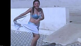 Filming my beautiful Brazilian friend as she rips clothes for lesbian striptease.