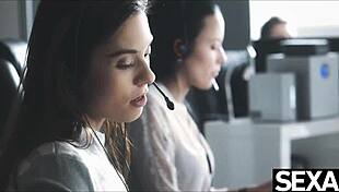 Two girls in lingerie give each other orgasms at work